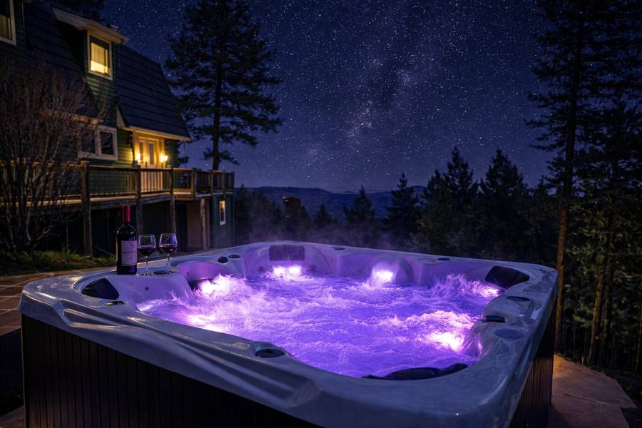 Hot tub glowing on a deck under a starry sky